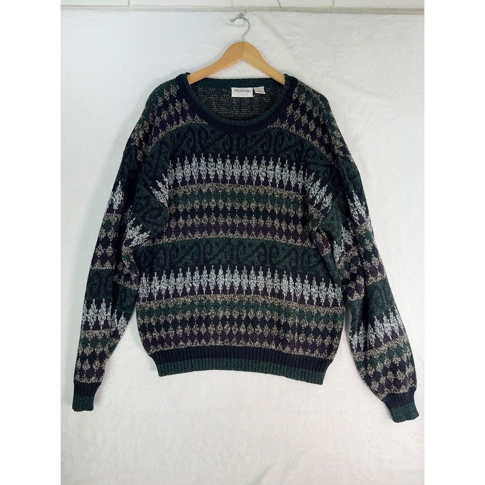Vintage‎ Windridge Sweater Mens Medium Green Purple Geometric Acrylic Knit 90s